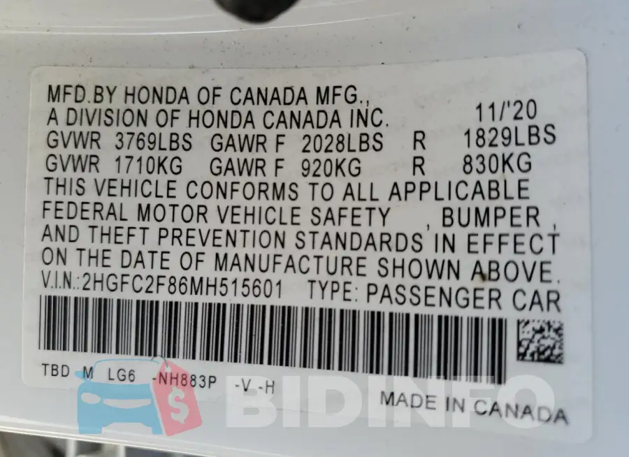 2HGFC2F86MH515601 Photo# 13