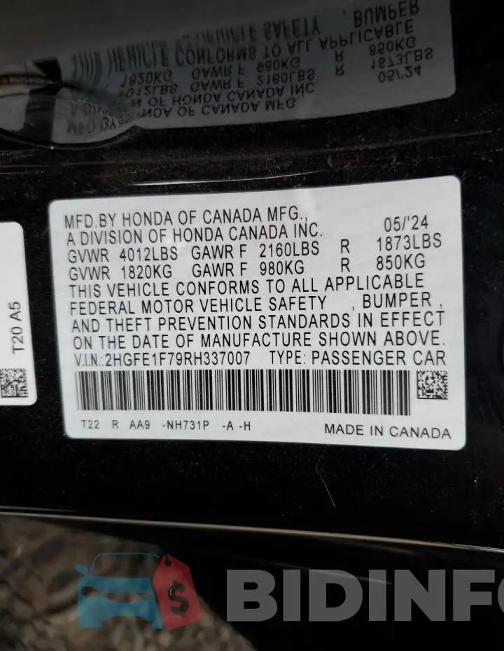 2HGFE1F79RH337007 Photo# 13
