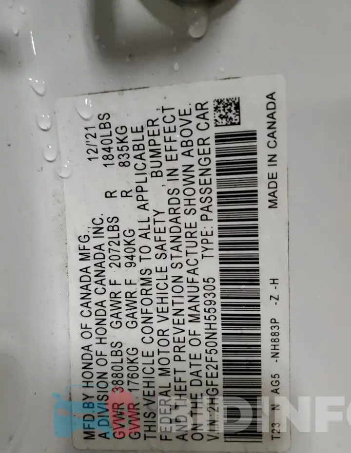 2HGFE2F50NH559305 Photo# 13