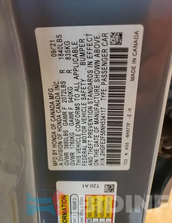 2HGFE2F56NH534117 Photo# 12