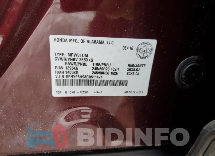 5FNYF6H98GB511474 Photo# 13