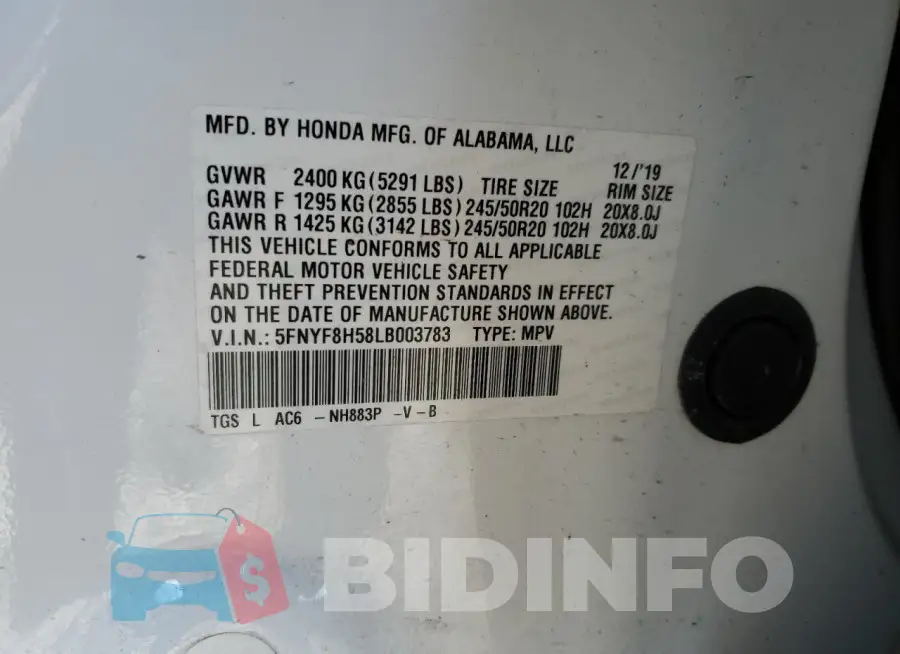 5FNYF8H58LB003783 Photo# 13