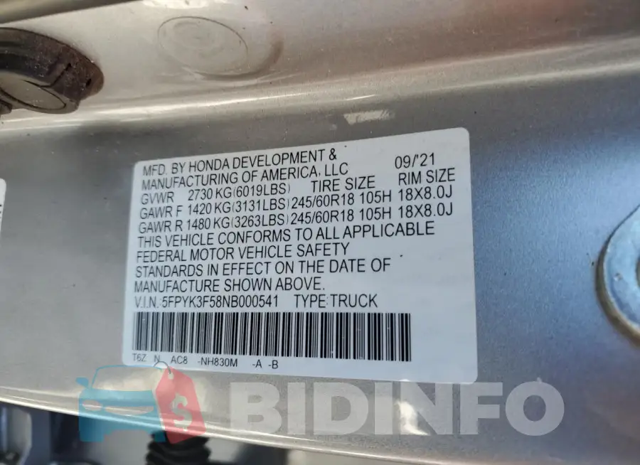 5FPYK3F58NB000541 Photo# 12