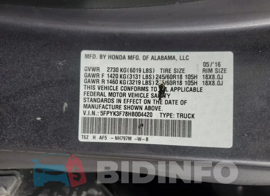 5FPYK3F78HB004420 Photo# 12