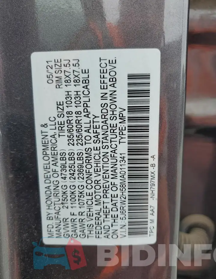 5J6RW2H58MA011341 Photo# 13