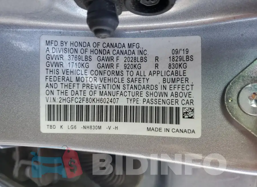 2HGFC2F80KH602407 Photo# 12