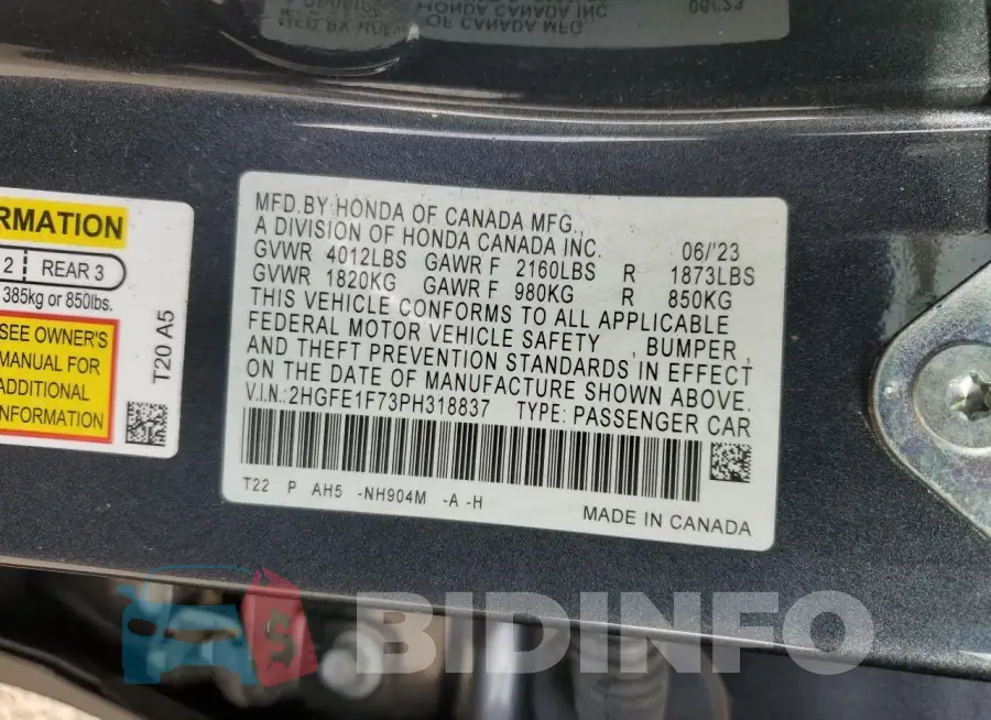 2HGFE1F73PH318837 Photo# 12