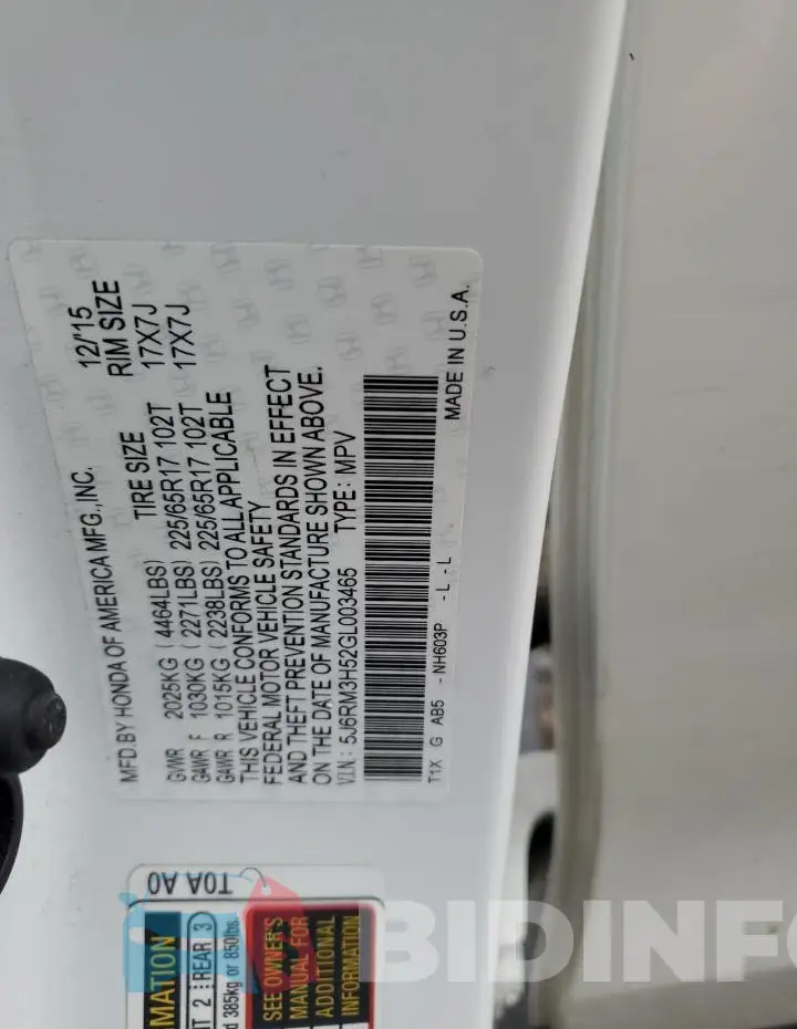 5J6RM3H52GL003465 Photo# 13
