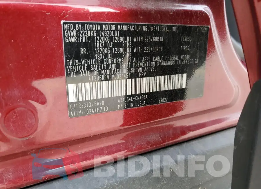 4T3D6RFV3MU021451 Photo# 13