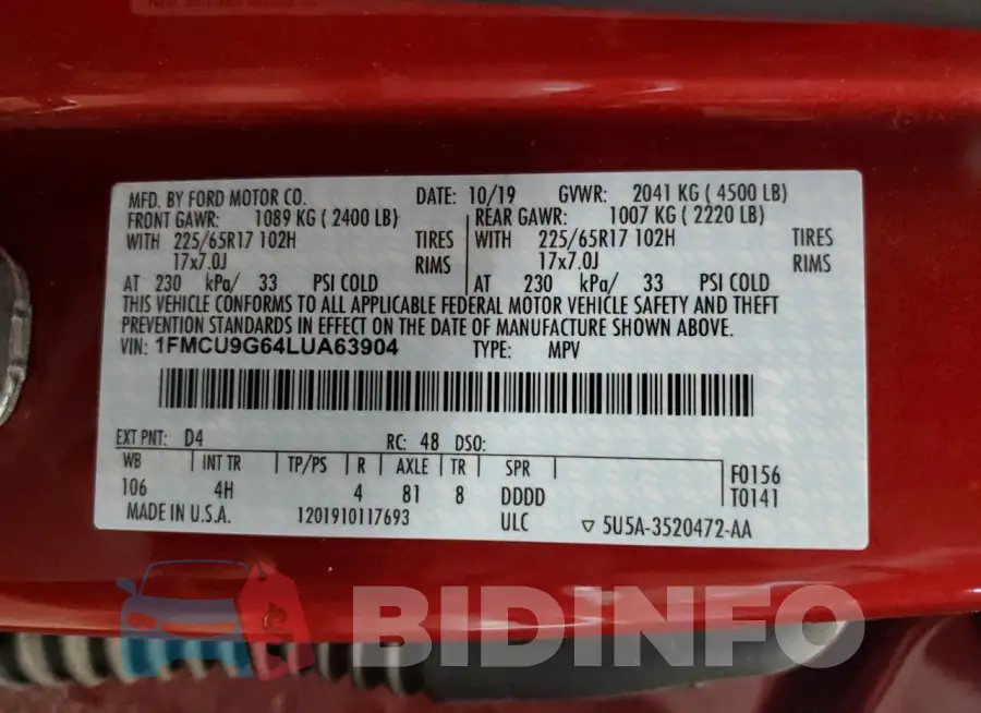 1FMCU9G64LUA63904 Photo# 13