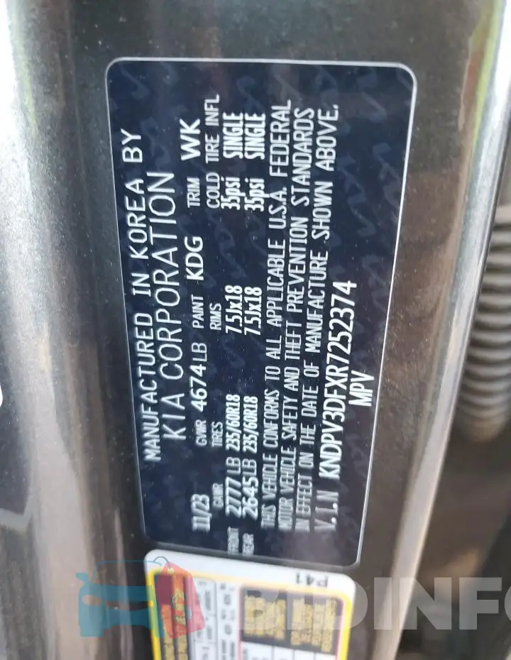 KNDPV3DFXR7252374 Photo# 13