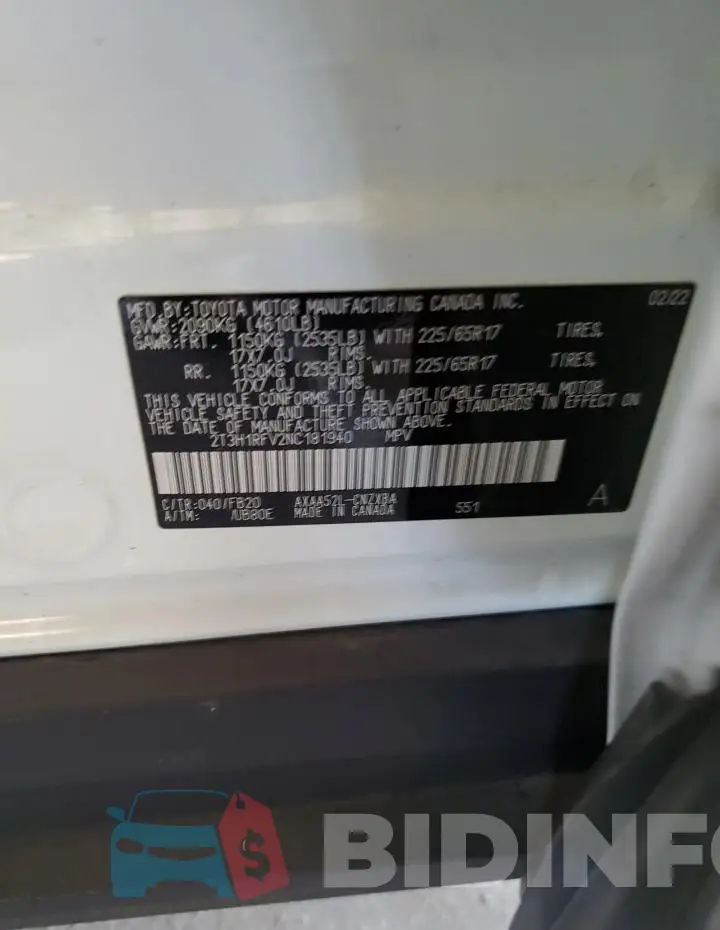 2T3H1RFV2NC181940 Photo# 13