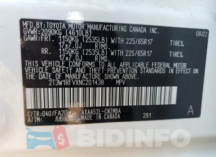 2T3W1RFVXNC201438 Photo# 13