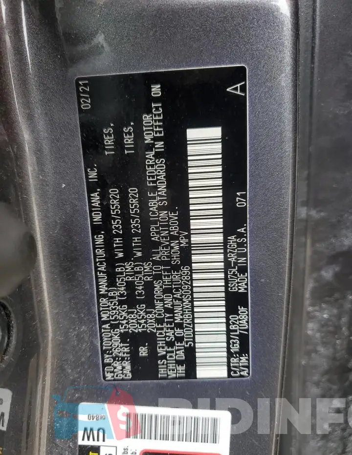 5TDDZRBHXMS092896 Photo# 13