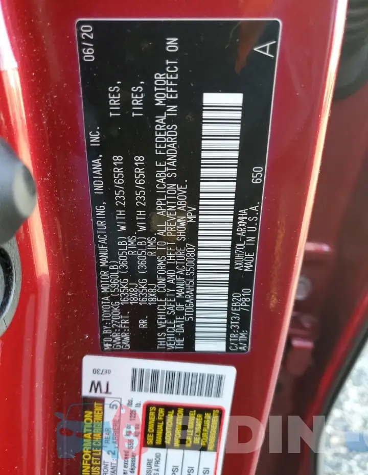 5TDGARAH5LS500807 Photo# 12