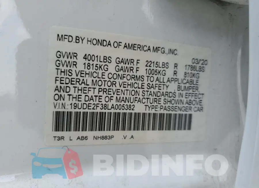 19UDE2F38LA005382 Photo# 12