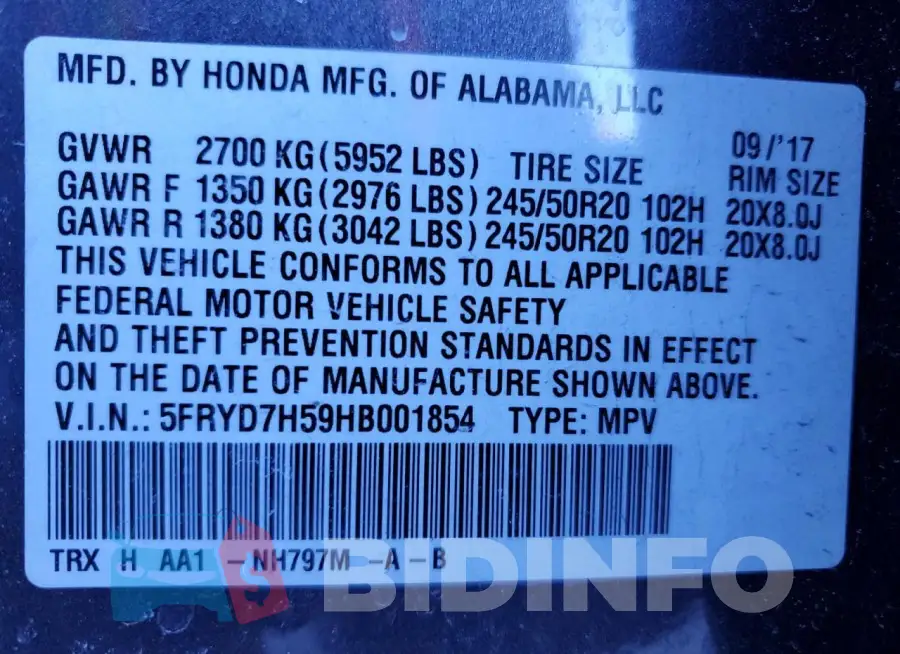 5FRYD7H59HB001854 Photo# 13