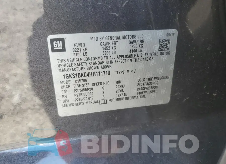 1GKS1BKC4HR111719 Photo# 13
