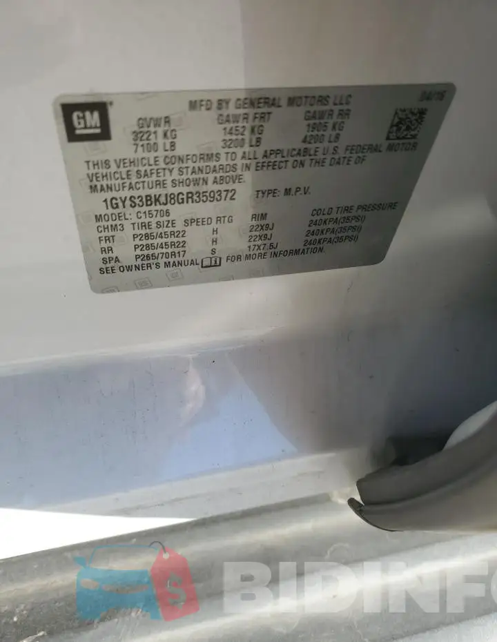 1GYS3BKJ8GR359372 Photo# 13