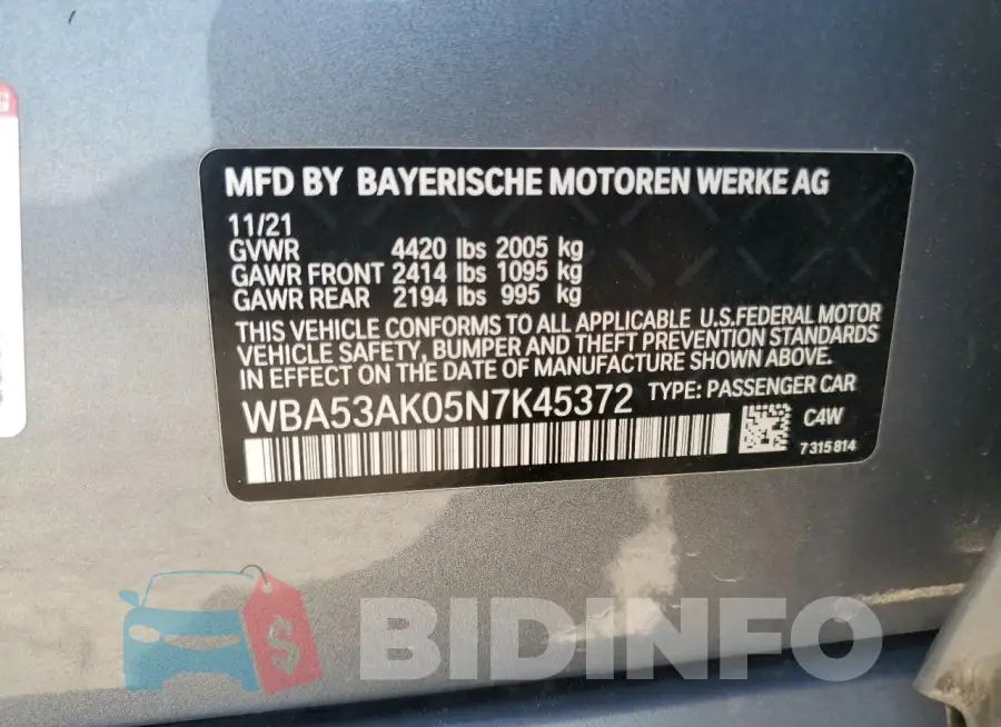 WBA53AK05N7K45372 Photo# 12