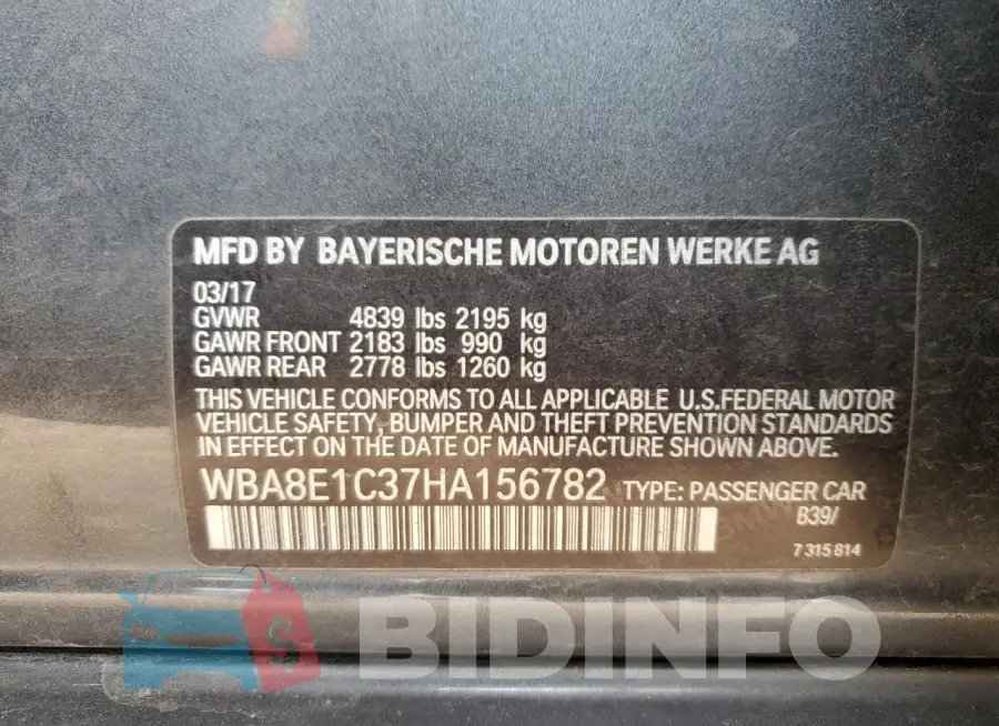 WBA8E1C37HA156782 Photo# 12