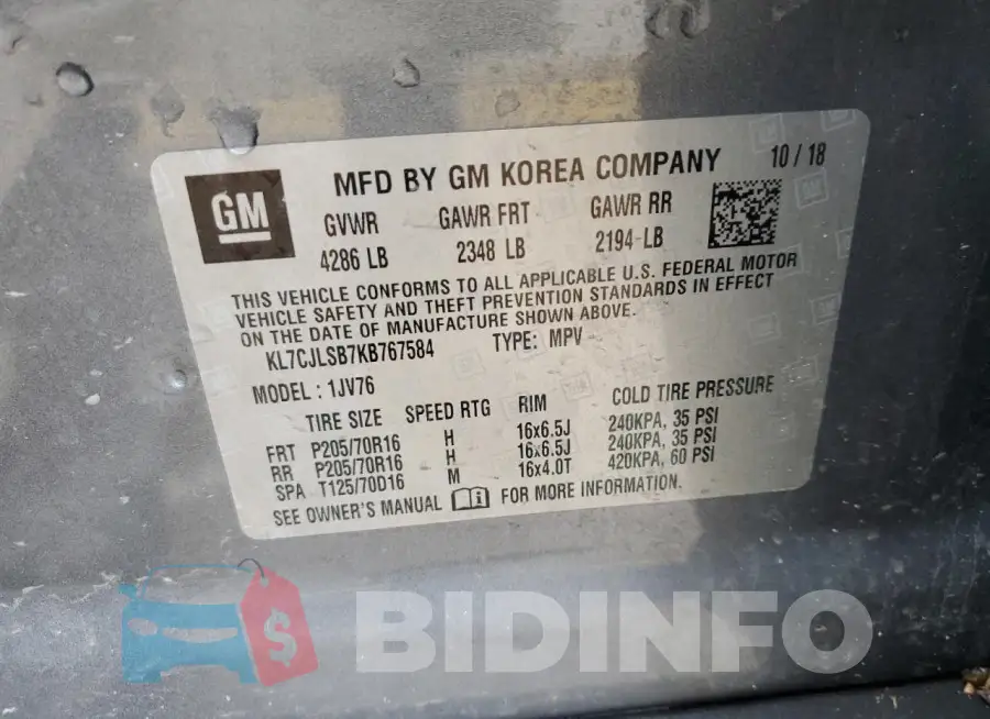 KL7CJLSB7KB767584 Photo# 13
