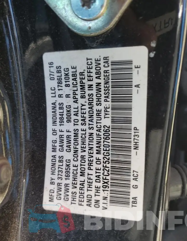 19XFC2F52GE076062 Photo# 12