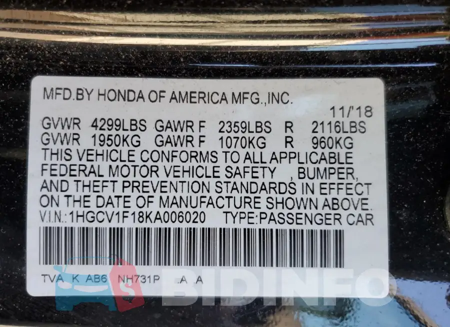 1HGCV1F18KA006020 Photo# 12