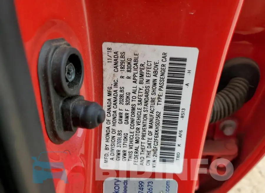 2HGFC2F6XKH507562 Photo# 13