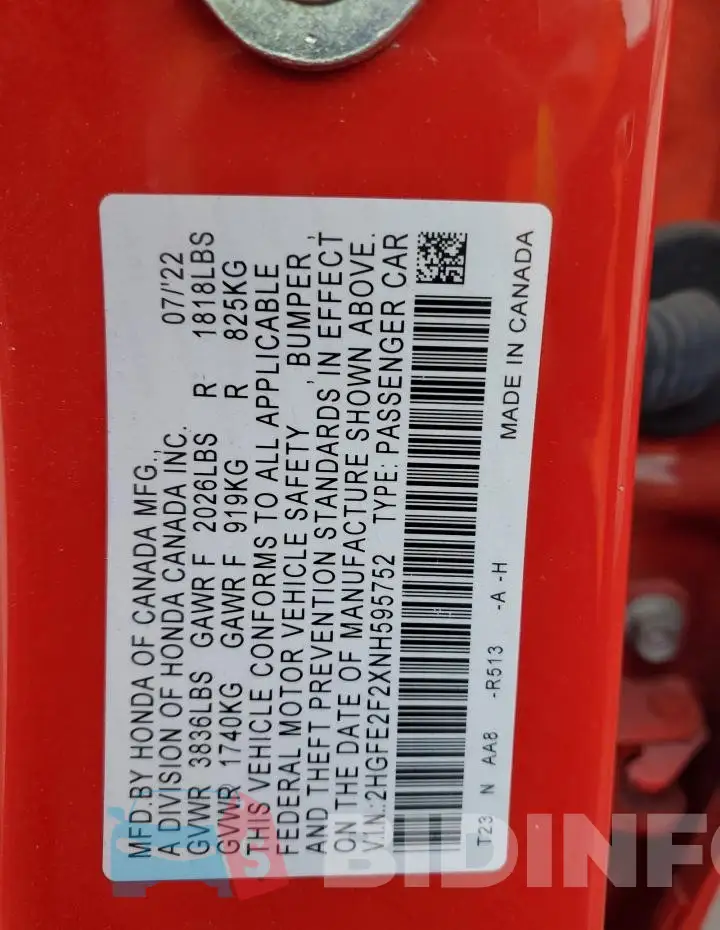 2HGFE2F2XNH595752 Photo# 13