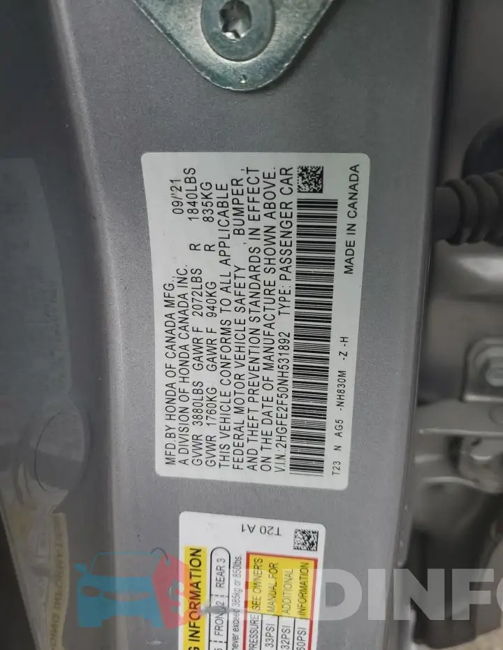 2HGFE2F50NH531892 Photo# 12