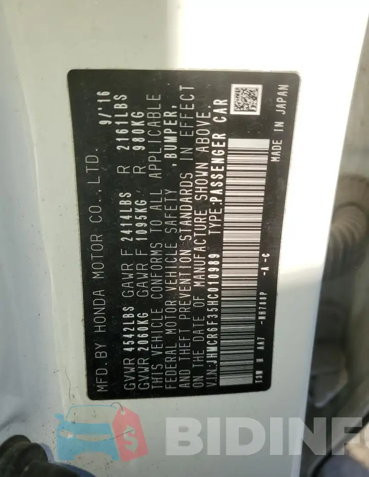 JHMCR6F35HC010989 Photo# 12