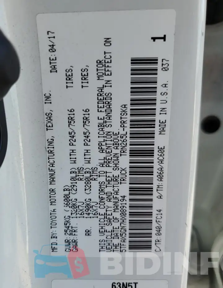 5TFAX5GN7HX089194 Photo# 12