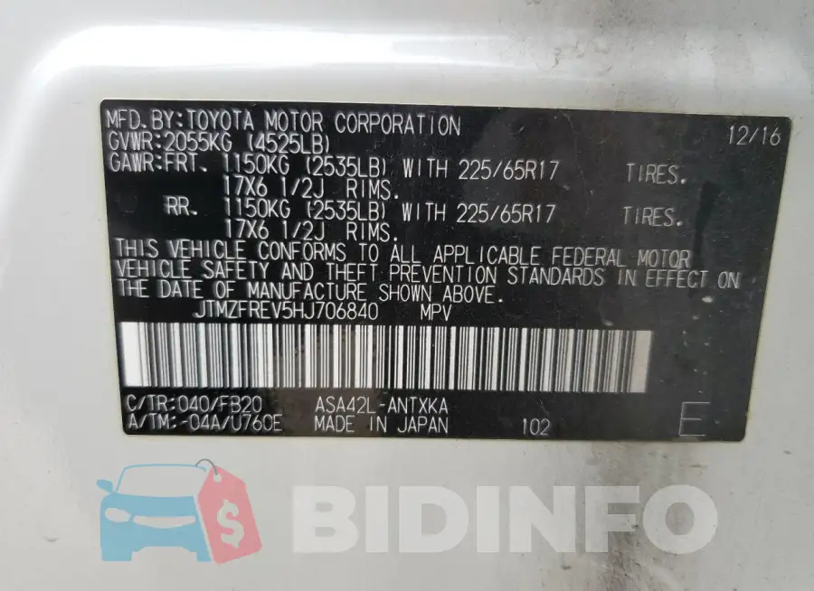 JTMZFREV5HJ706840 Photo# 14