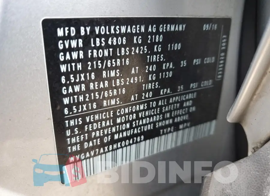 WVGAV7AX8HK004769 Photo# 13