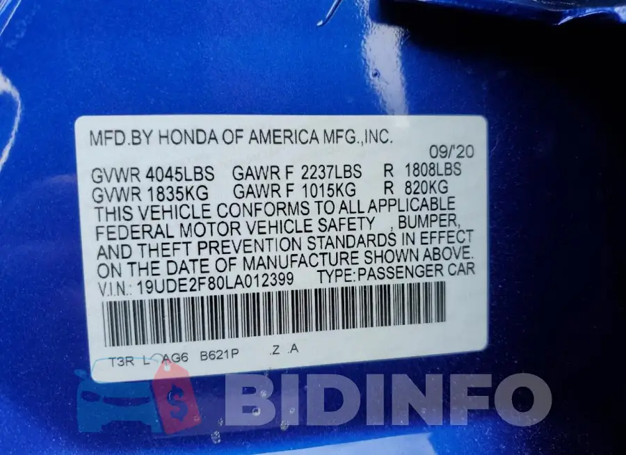 19UDE2F80LA012399 Photo# 12