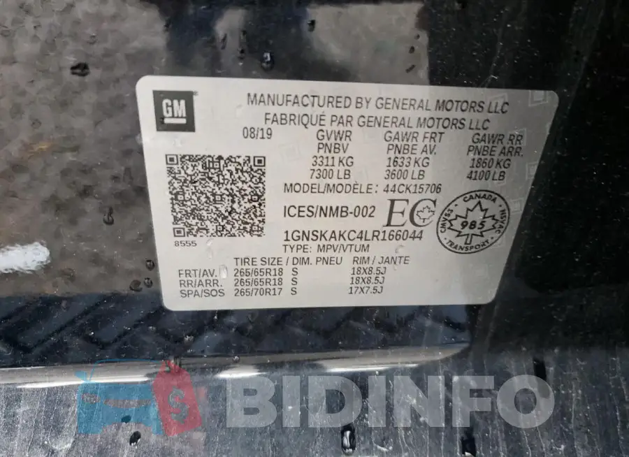 1GNSKAKC4LR166044 Photo# 13