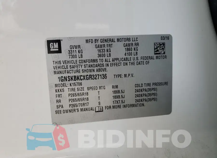 1GNSKBKCXGR327136 Photo# 13
