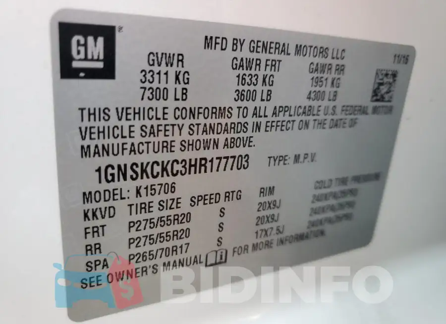 1GNSKCKC3HR177703 Photo# 13