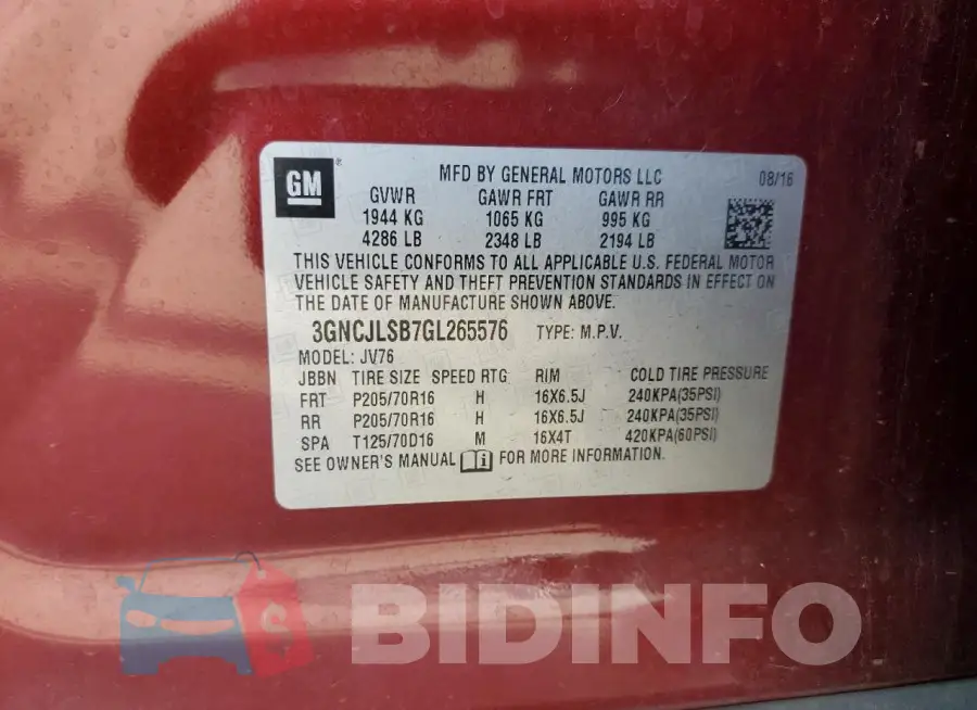 3GNCJLSB7GL265576 Photo# 12