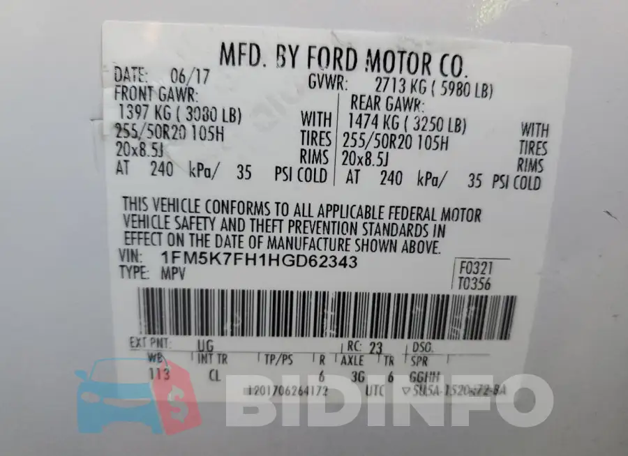 1FM5K7FH1HGD62343 Photo# 14