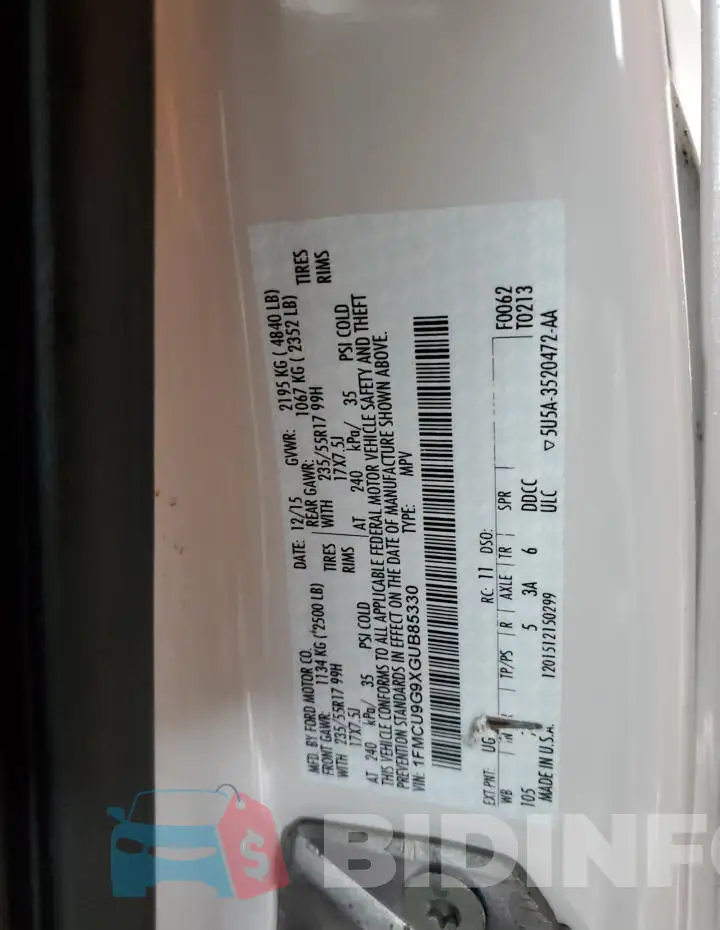 1FMCU9G9XGUB85330 Photo# 12