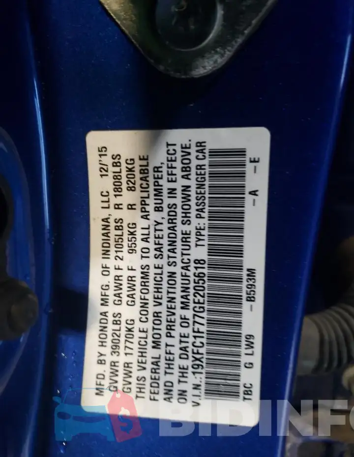 19XFC1F77GE205618 Photo# 12