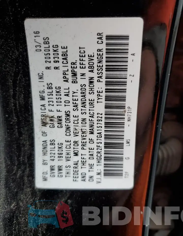 1HGCR2F57GA157922 Photo# 12