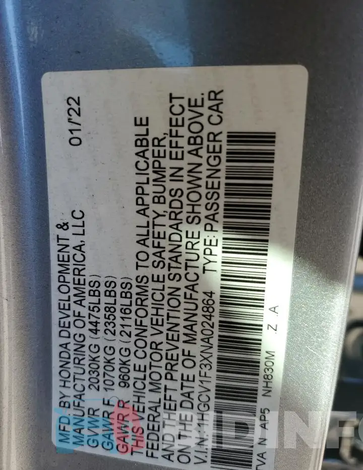 1HGCV1F3XNA024864 Photo# 12