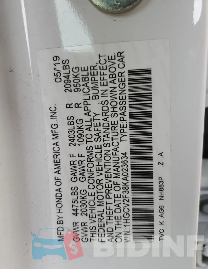 1HGCV2F38KA023634 Photo# 12