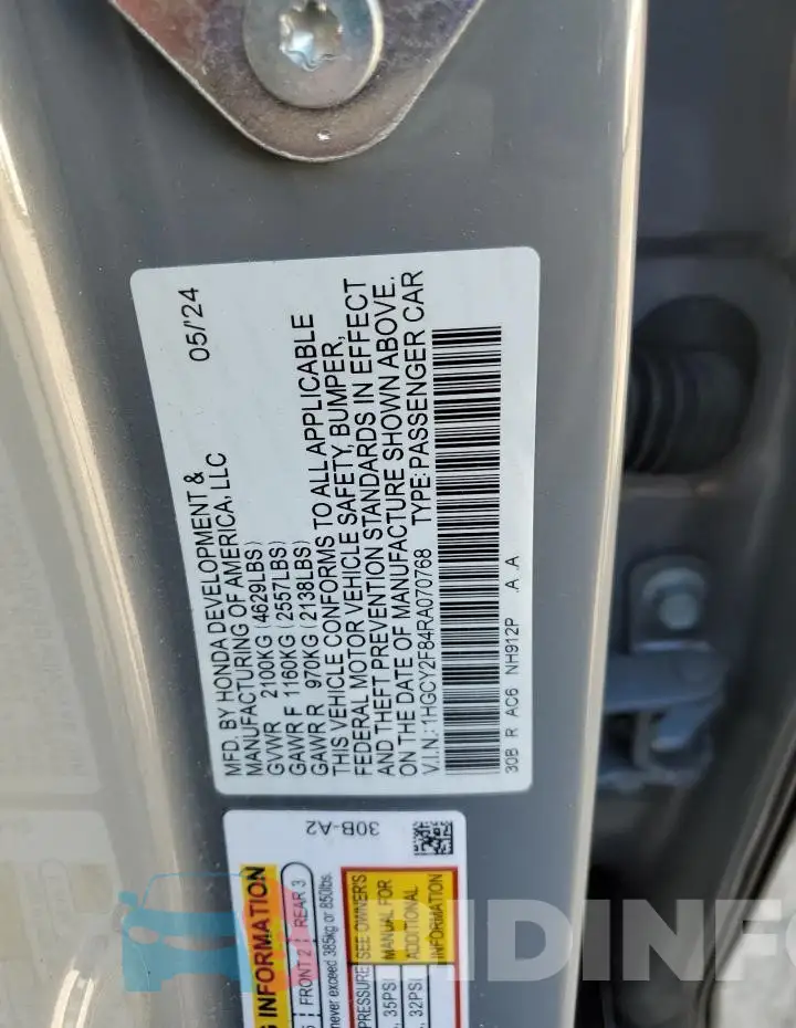 1HGCY2F84RA070768 Photo# 12
