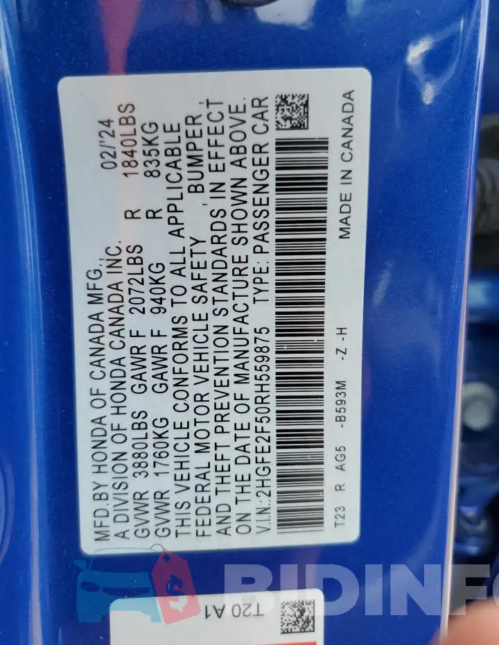 2HGFE2F50RH559875 Photo# 12