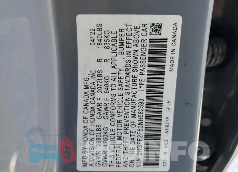 2HGFE2F53NH582593 Photo# 13