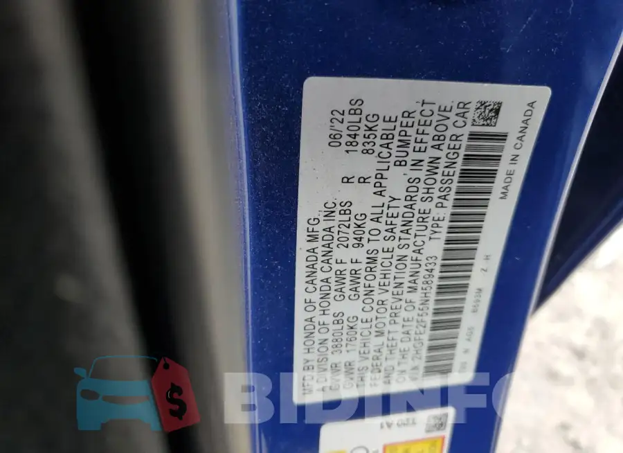 2HGFE2F55NH589433 Photo# 12